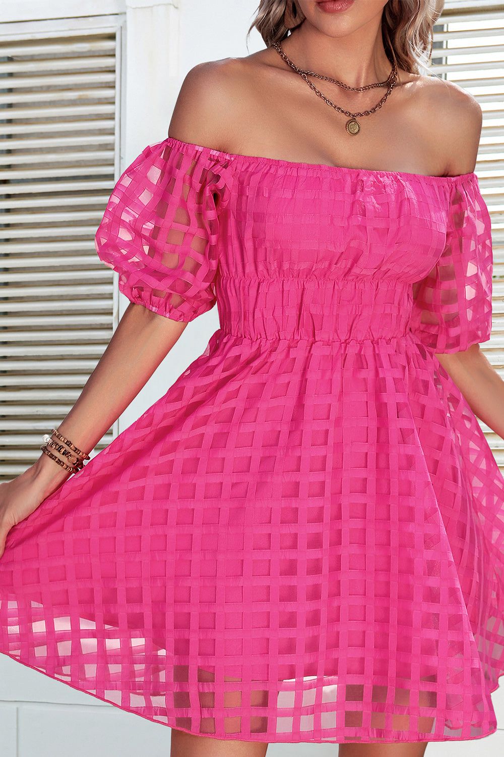 Fuchsia Off the Shoulder A-line Short Summer Dress sold by Zapaka product image thumbnail 3