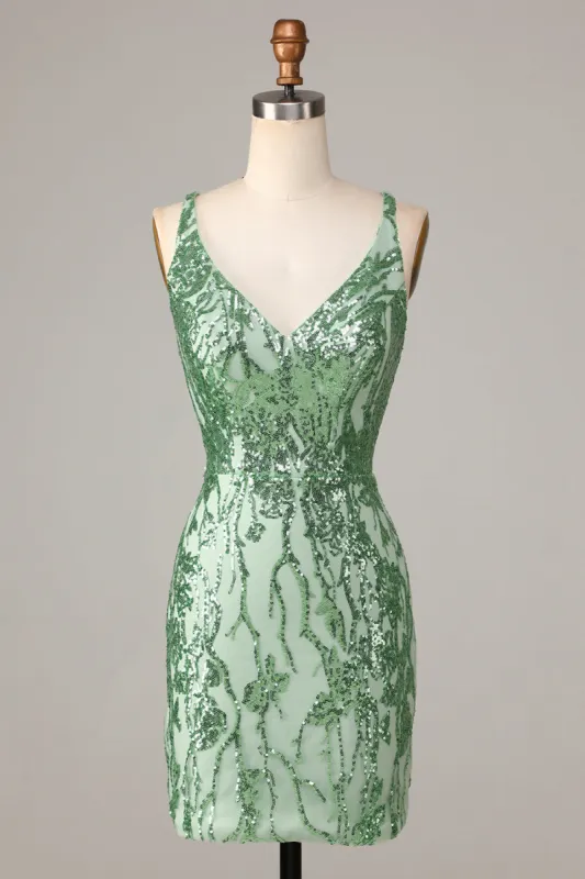 Making Magic Sheath V-Neck Green Sequins Short Homecoming Dress with Backless made by Zapaka