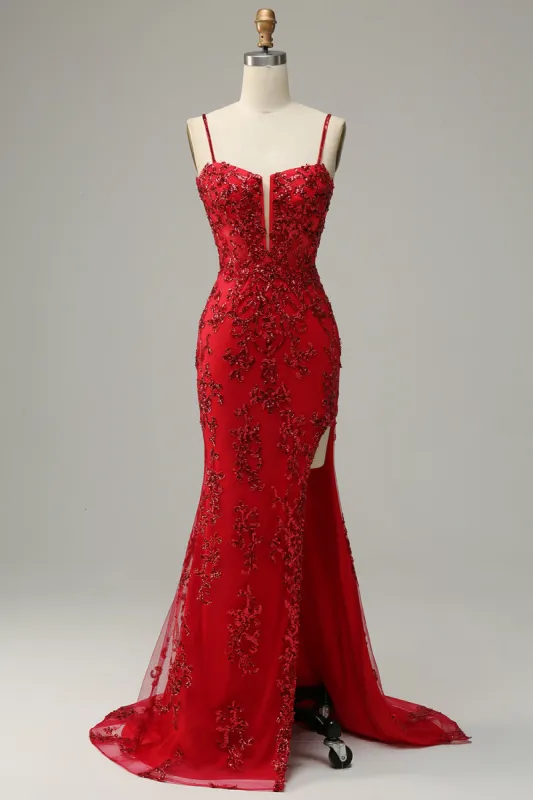 Mermaid Spaghetti Straps Red Sequins Long Prom Dress with Split Front sold by Zapaka