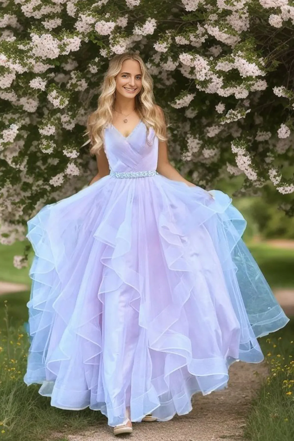A Line Spaghetti Straps Pink Long Prom Dress with Ruffles sold by Zapaka