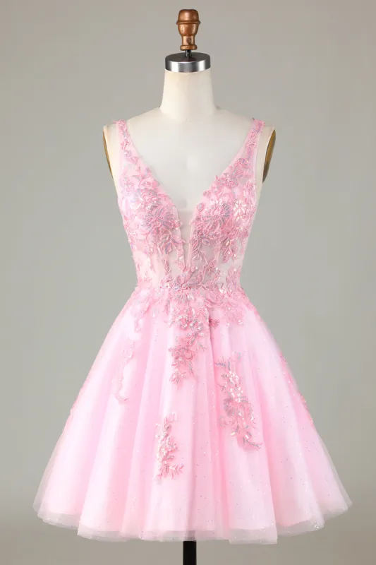 Pink Glitter Cute Homecoming Dress with Appliques sold by Zapaka