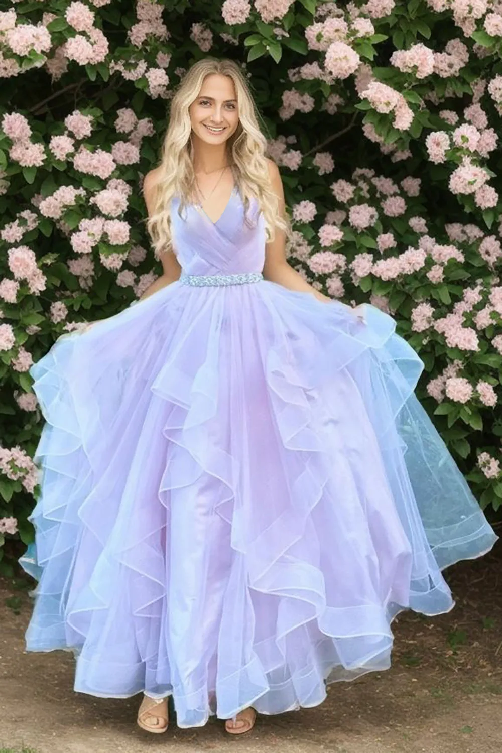 A Line Spaghetti Straps Pink Long Prom Dress with Ruffles sold by Zapaka product image thumbnail 2