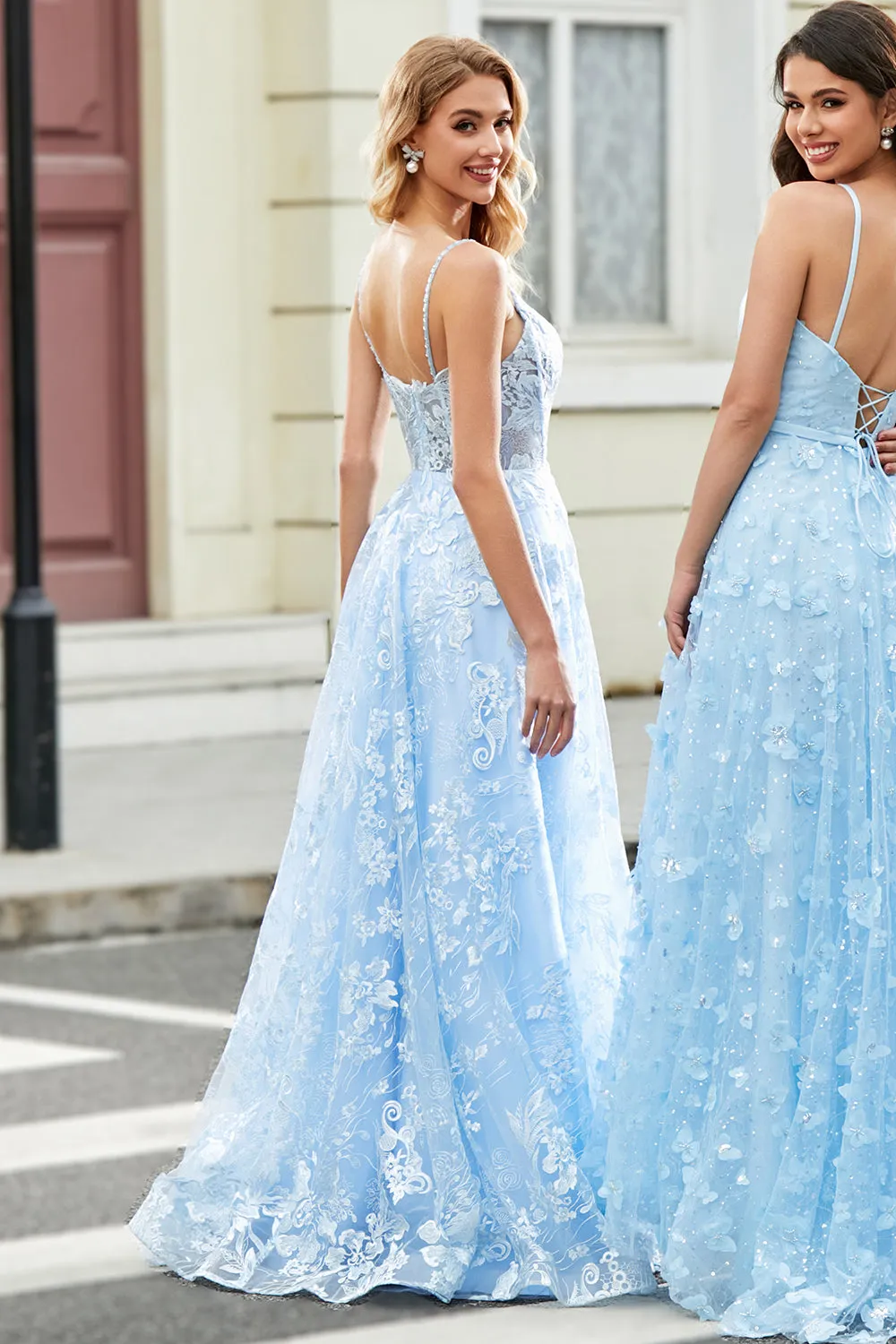 Gorgeous A Line Spaghetti Straps Sky Blue Corset Prom Dress with Appliques sold by Zapaka product image thumbnail 2