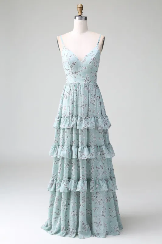 Grey Green Spaghetti Straps Long Bridesmaid Dress With Ruffles sold by Zapaka