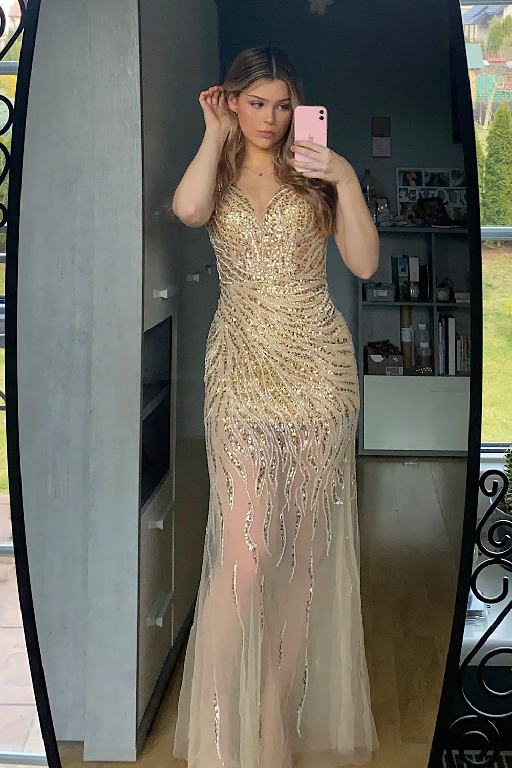 Mermaid Deep V Neck Golden Long Prom Dress with Backless sold by Zapaka product image thumbnail 3