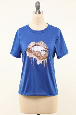 Lips Printed Royal Blue Round Neck T-shirt sold by Zapaka