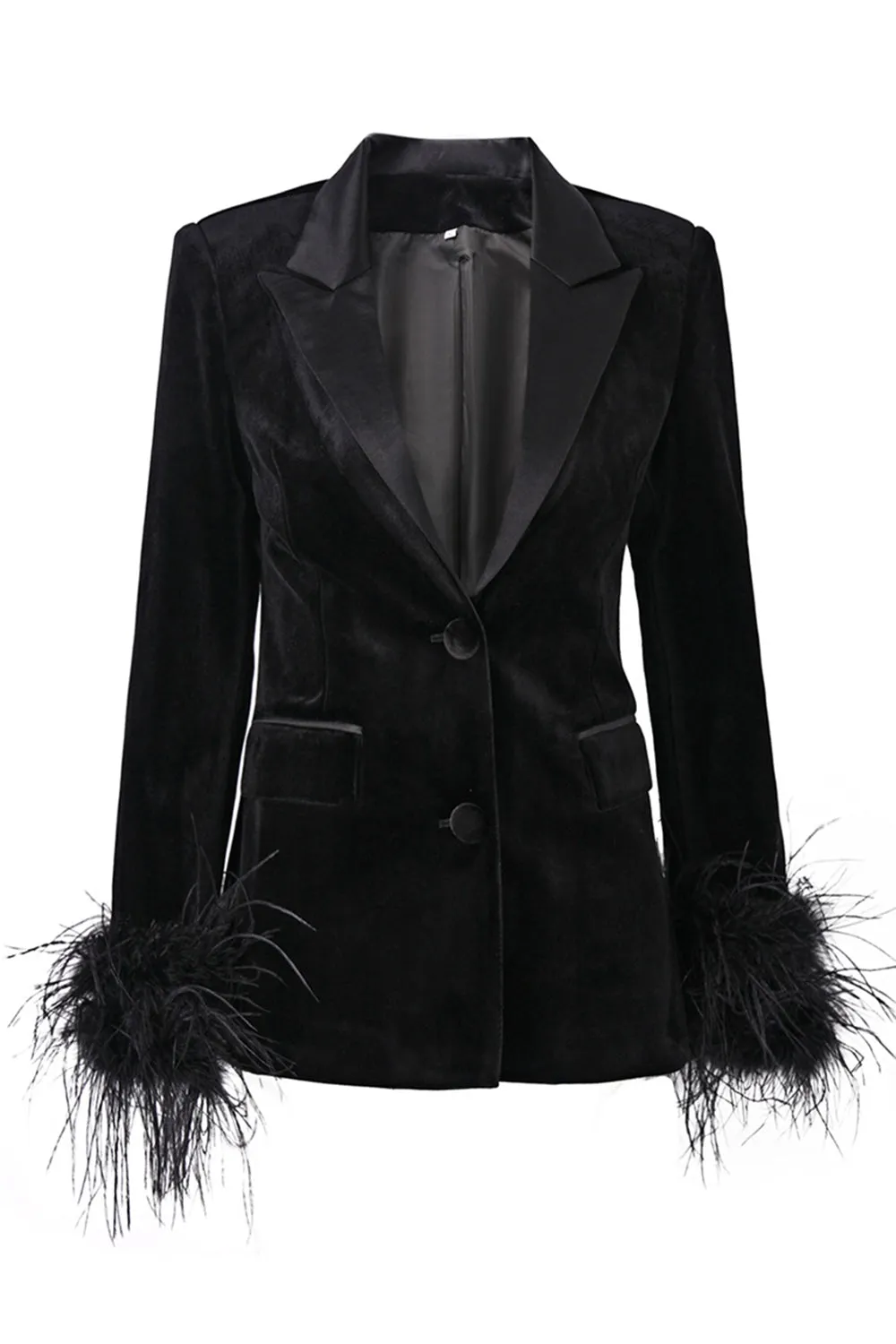 Black Peak Lapel Velvet Blazer with Feathers sold by Zapaka