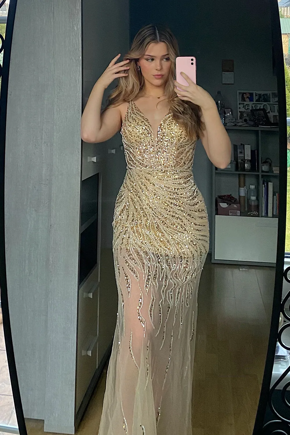 Mermaid Deep V Neck Golden Long Prom Dress with Backless sold by Zapaka