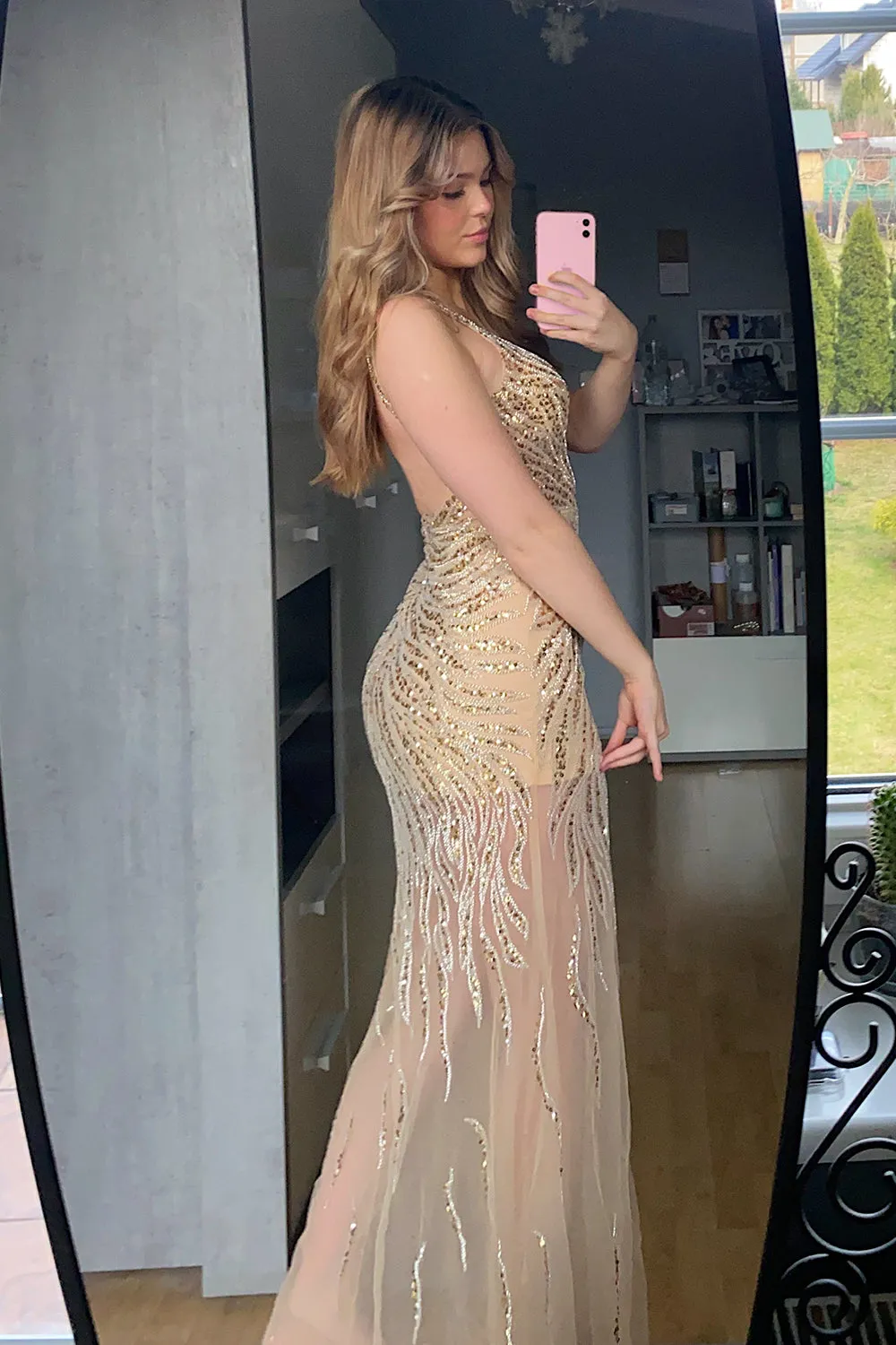 Mermaid Deep V Neck Golden Long Prom Dress with Backless sold by Zapaka product image thumbnail 2