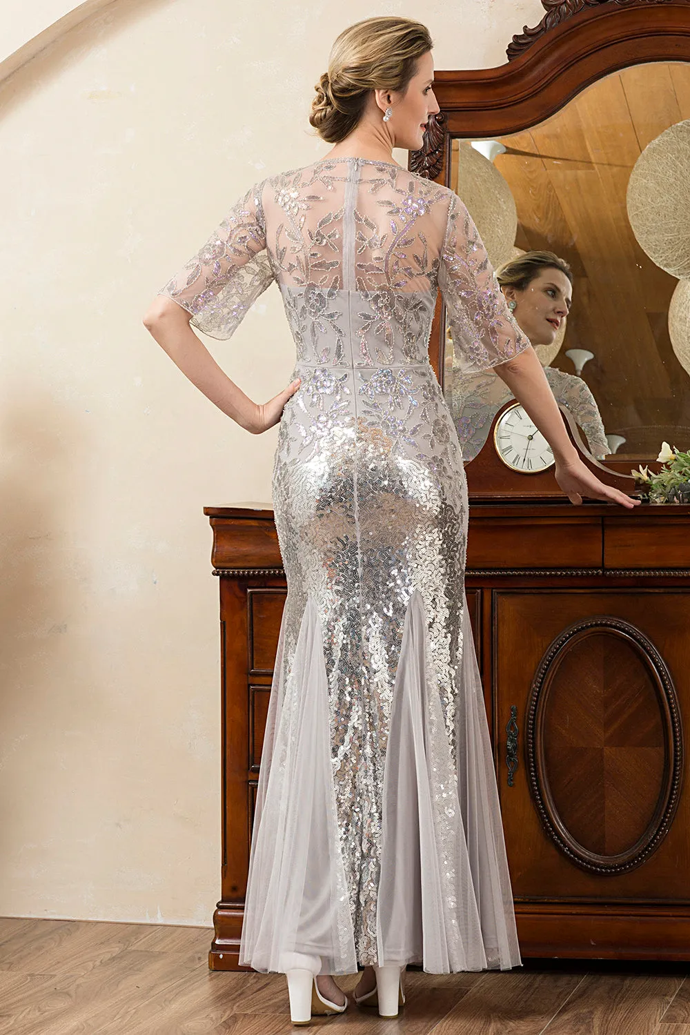 Grey Mermaid Sparkly Beaded Sequins Mother of the Bride Dress sold by Zapaka product image thumbnail 2