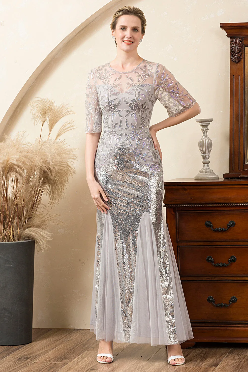 Grey Mermaid Sparkly Beaded Sequins Mother of the Bride Dress sold by Zapaka