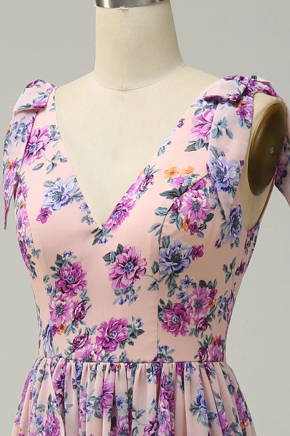 A Line V Neck Pink Floral Printed Long Bridesmaid Dress sold by Zapaka product image thumbnail 5