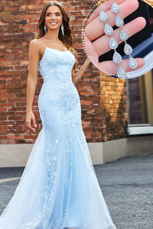Light Blue Sparkly Beaded Mermaid Long Prom Dress With Accessories Set sold by Zapaka