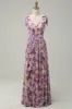 A Line V Neck Pink Floral Printed Long Bridesmaid Dress sold by Zapaka