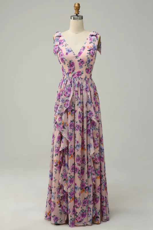 A Line V Neck Pink Floral Printed Long Bridesmaid Dress sold by Zapaka
