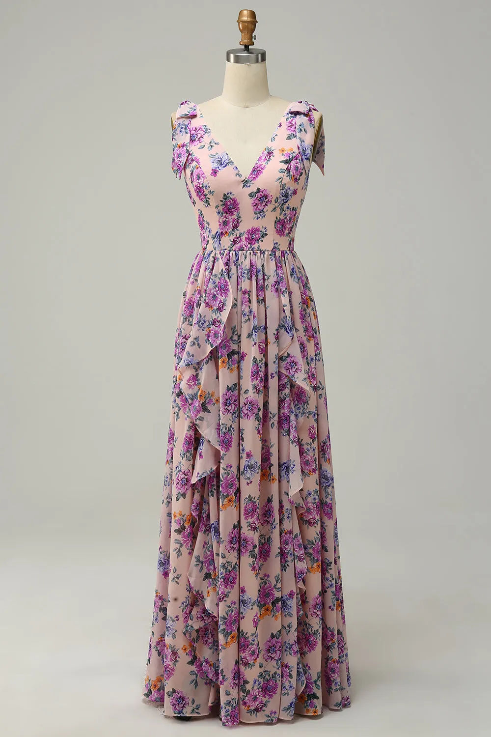 A Line V Neck Pink Floral Printed Long Bridesmaid Dress sold by Zapaka