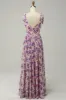 A Line V Neck Pink Floral Printed Long Bridesmaid Dress sold by Zapaka