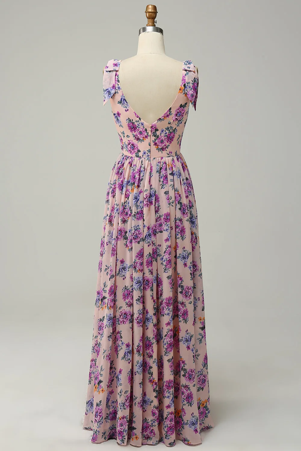 A Line V Neck Pink Floral Printed Long Bridesmaid Dress sold by Zapaka product image thumbnail 2