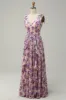 A Line V Neck Pink Floral Printed Long Bridesmaid Dress sold by Zapaka