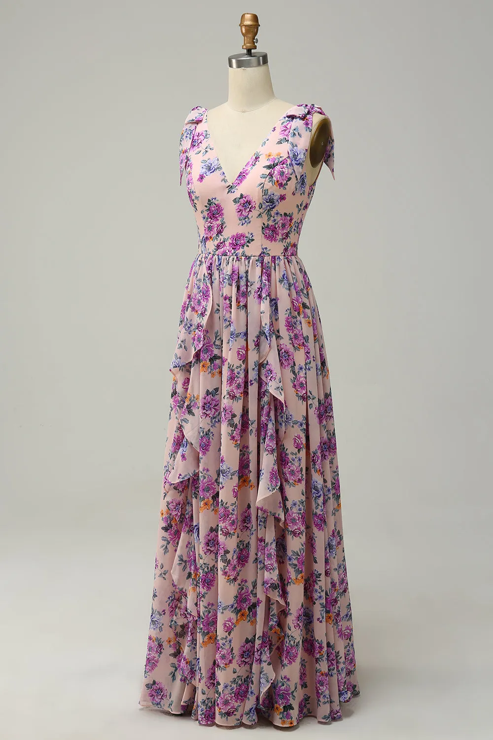 A Line V Neck Pink Floral Printed Long Bridesmaid Dress sold by Zapaka product image thumbnail 3