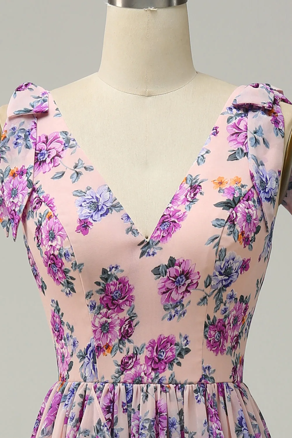 A Line V Neck Pink Floral Printed Long Bridesmaid Dress sold by Zapaka product image thumbnail 4