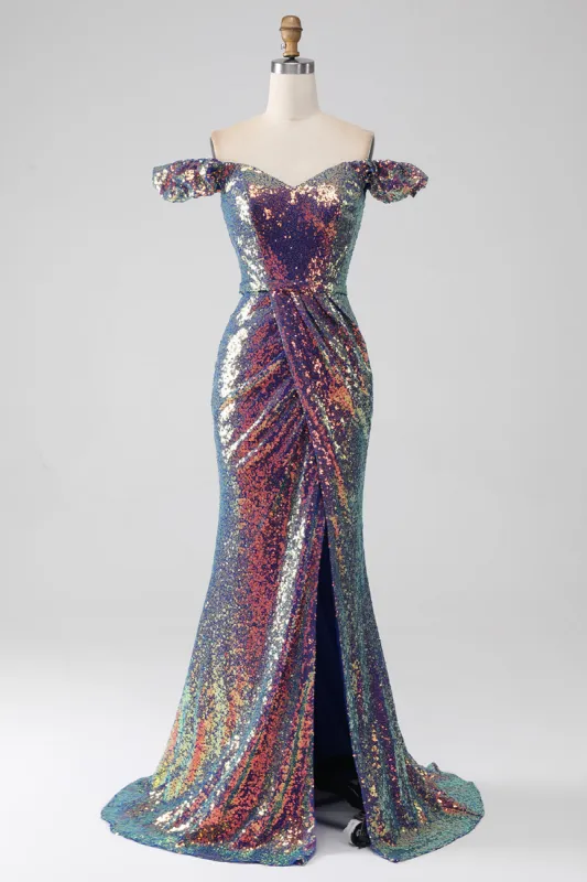 Sparkly Mermaid Off The Shoulder Purple Prom Dress with Slit sold by Zapaka