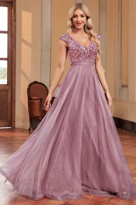A Line Pink Tulle Sparkly Formal Dress with Sequins sold by Zapaka