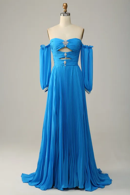A Line Off the Shoulder Blue Long Prom Dress With Beading sold by Zapaka