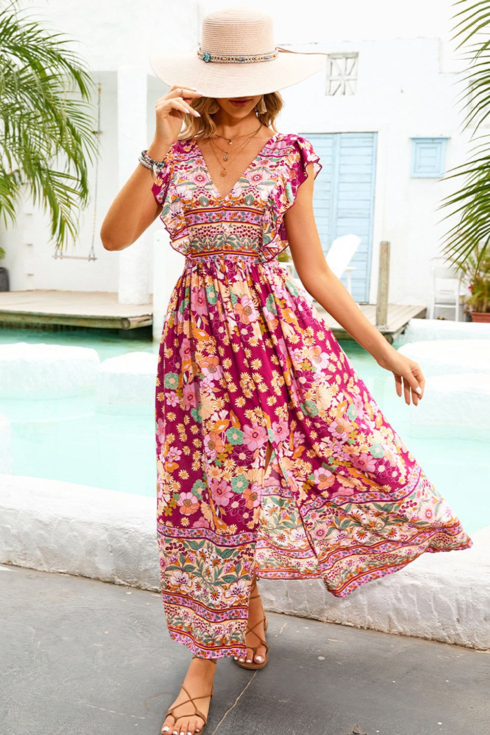 Red Floral Boho Maxi Dress with Slit sold by Zapaka product image thumbnail 5