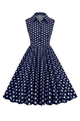 Navy Polka Dots Sleeveless 1950s Dresses sold by Zapaka