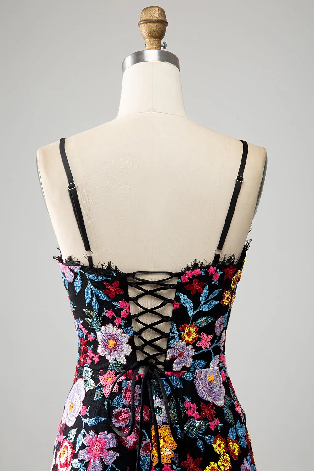 Black Floral Mermaid Spaghetti Straps Long Prom Dress With Embroidery sold by Zapaka product image thumbnail 5