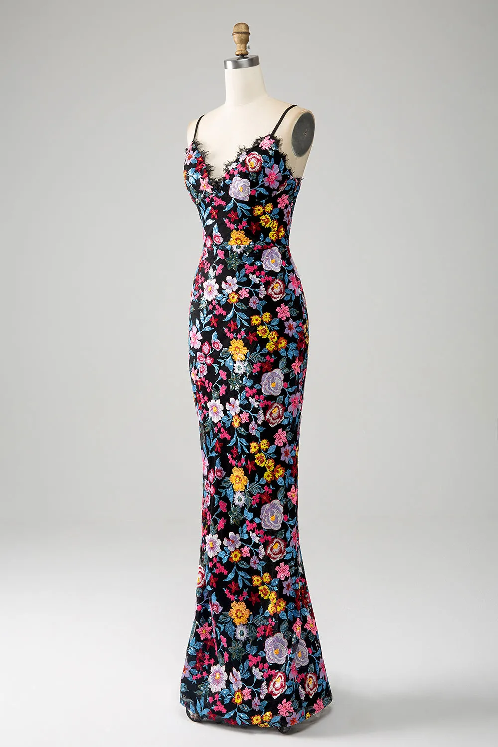 Black Floral Mermaid Spaghetti Straps Long Prom Dress With Embroidery sold by Zapaka product image thumbnail 3