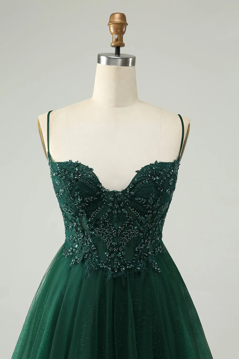 Glitter Dark Green A-Line Beaded Appliques Tulle Homecoming Dress sold by Zapaka product image thumbnail 4