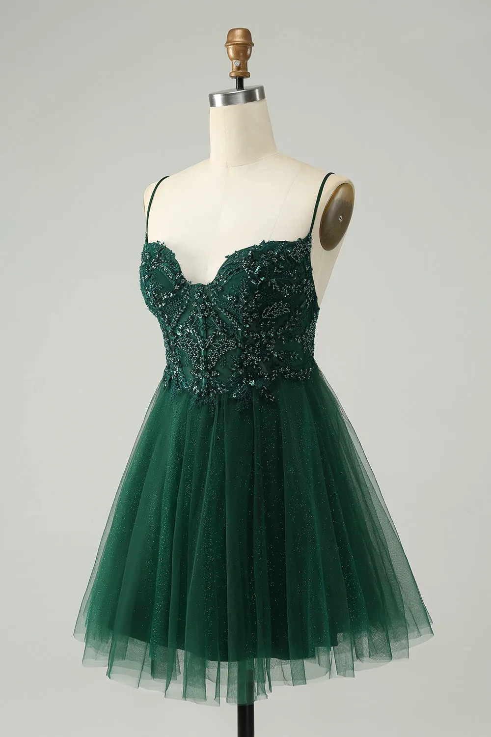 Glitter Dark Green A-Line Beaded Appliques Tulle Homecoming Dress sold by Zapaka product image thumbnail 3