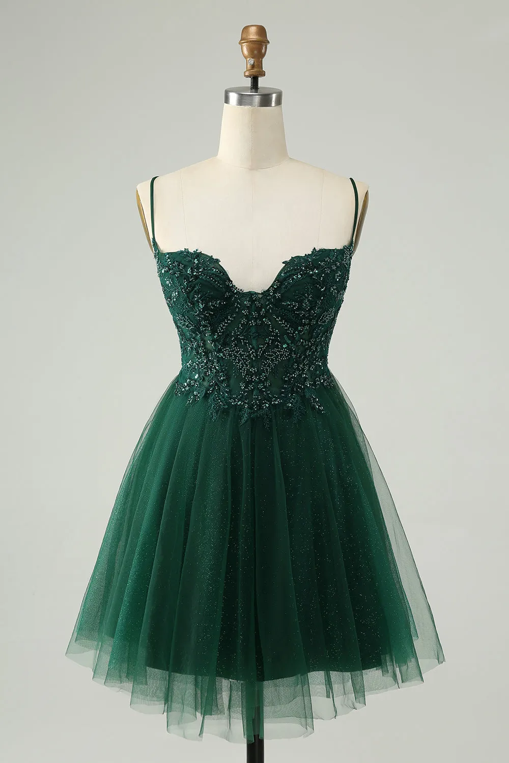 Glitter Dark Green A-Line Beaded Appliques Tulle Homecoming Dress sold by Zapaka