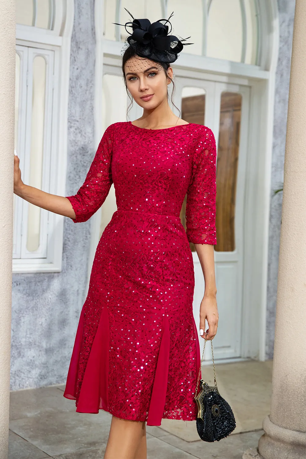 Burgundy Sheath Lace Mother of the Bride Dress sold by Zapaka