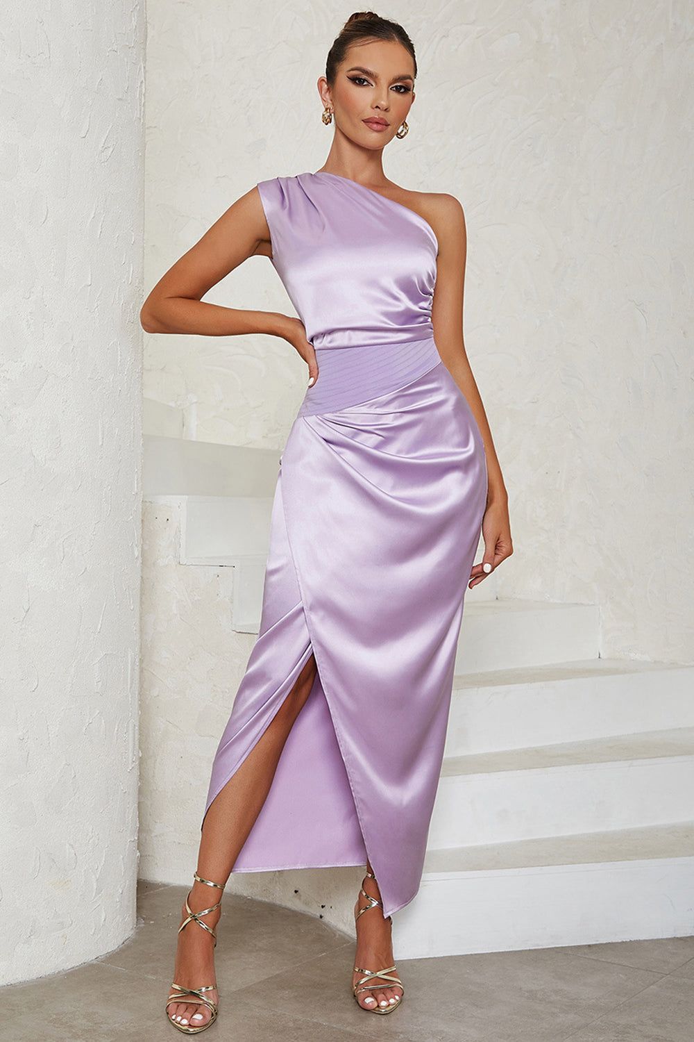 Lavender One Shoulder Wrap Cocktail Dress With Slit sold by Zapaka
