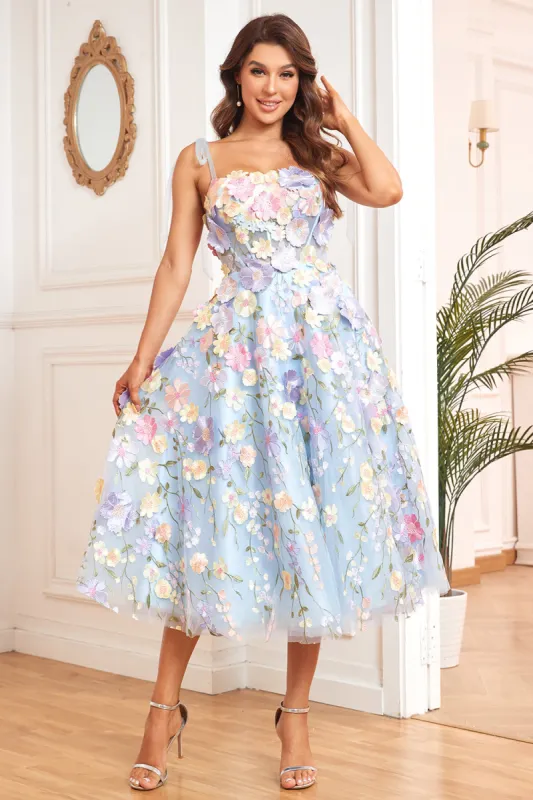A Line Spaghetti Straps Blue Tea Length Prom Dress with 3D Flowers sold by Zapaka