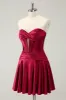 Burgundy A Line Sweetheart Strapless Keyhole Satin Homecoming Dress sold by Zapaka