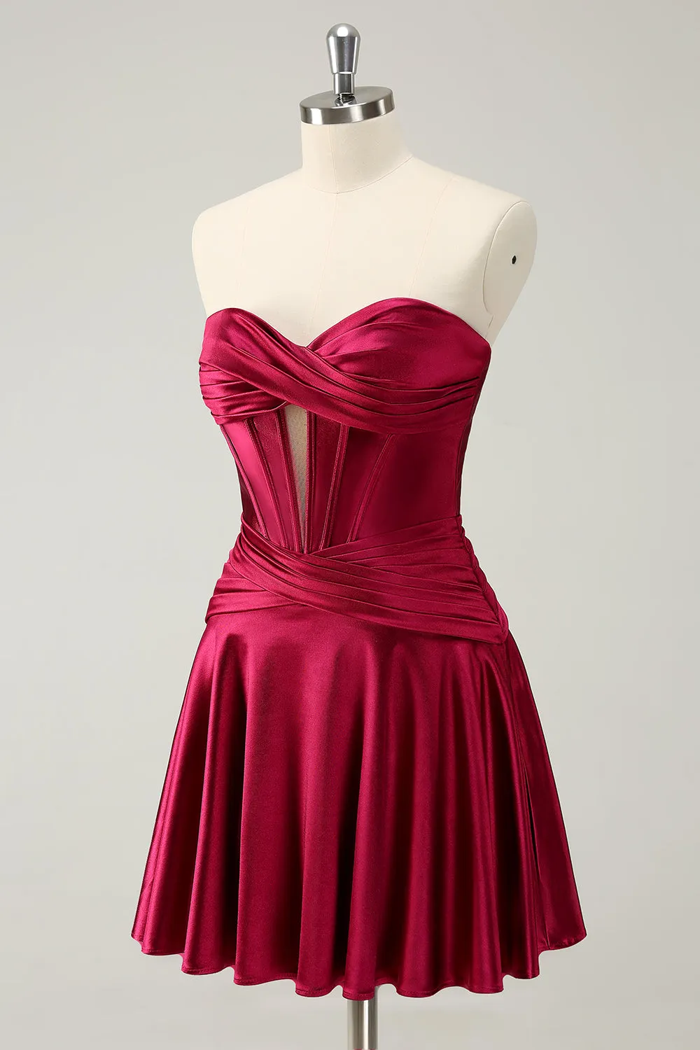 Burgundy A Line Sweetheart Strapless Keyhole Satin Homecoming Dress sold by Zapaka product image thumbnail 3