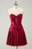 Burgundy A Line Sweetheart Strapless Keyhole Satin Homecoming Dress sold by Zapaka