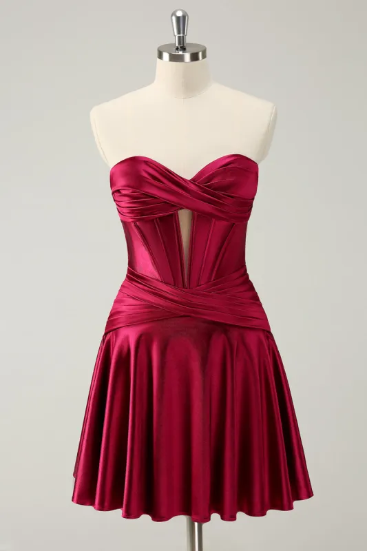 Burgundy A Line Sweetheart Strapless Keyhole Satin Homecoming Dress sold by Zapaka