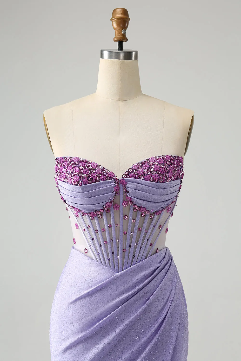 Light Purple Mermaid Strapless Ruched Beaded Corset Prom Dress with Slit sold by Zapaka product image thumbnail 4