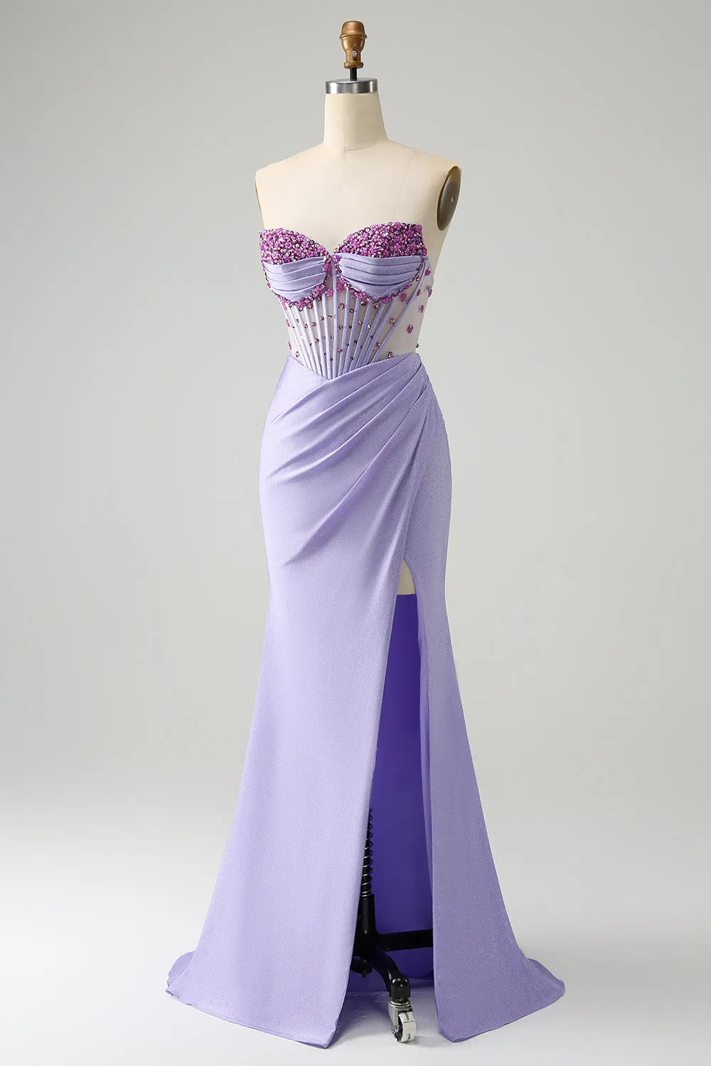 Light Purple Mermaid Strapless Ruched Beaded Corset Prom Dress with Slit sold by Zapaka product image thumbnail 3