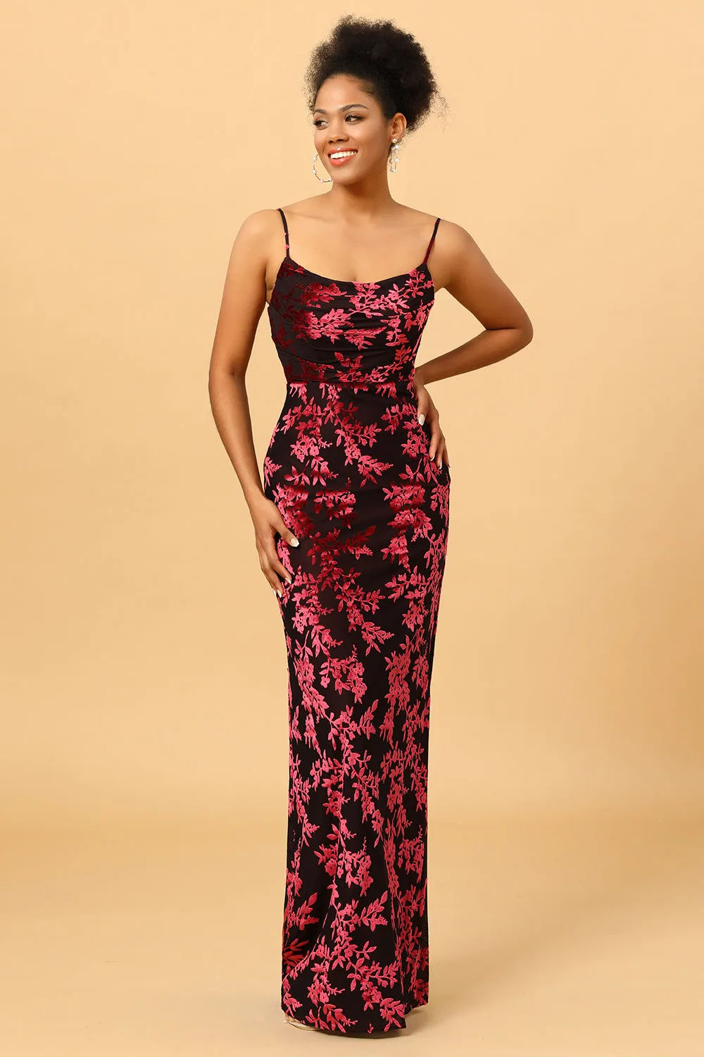 Sheath Spaghetti Straps Burgundy Printed Velvet Long Prom Dress with Silt sold by Zapaka product image thumbnail 4