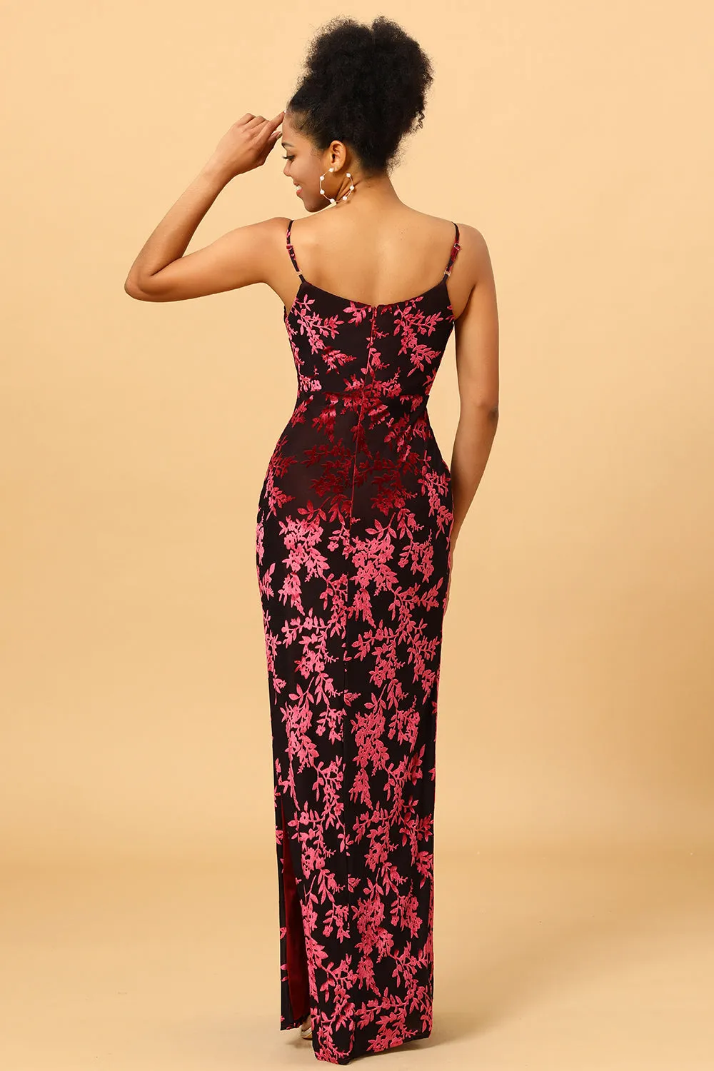 Sheath Spaghetti Straps Burgundy Printed Velvet Long Prom Dress with Silt sold by Zapaka product image thumbnail 2