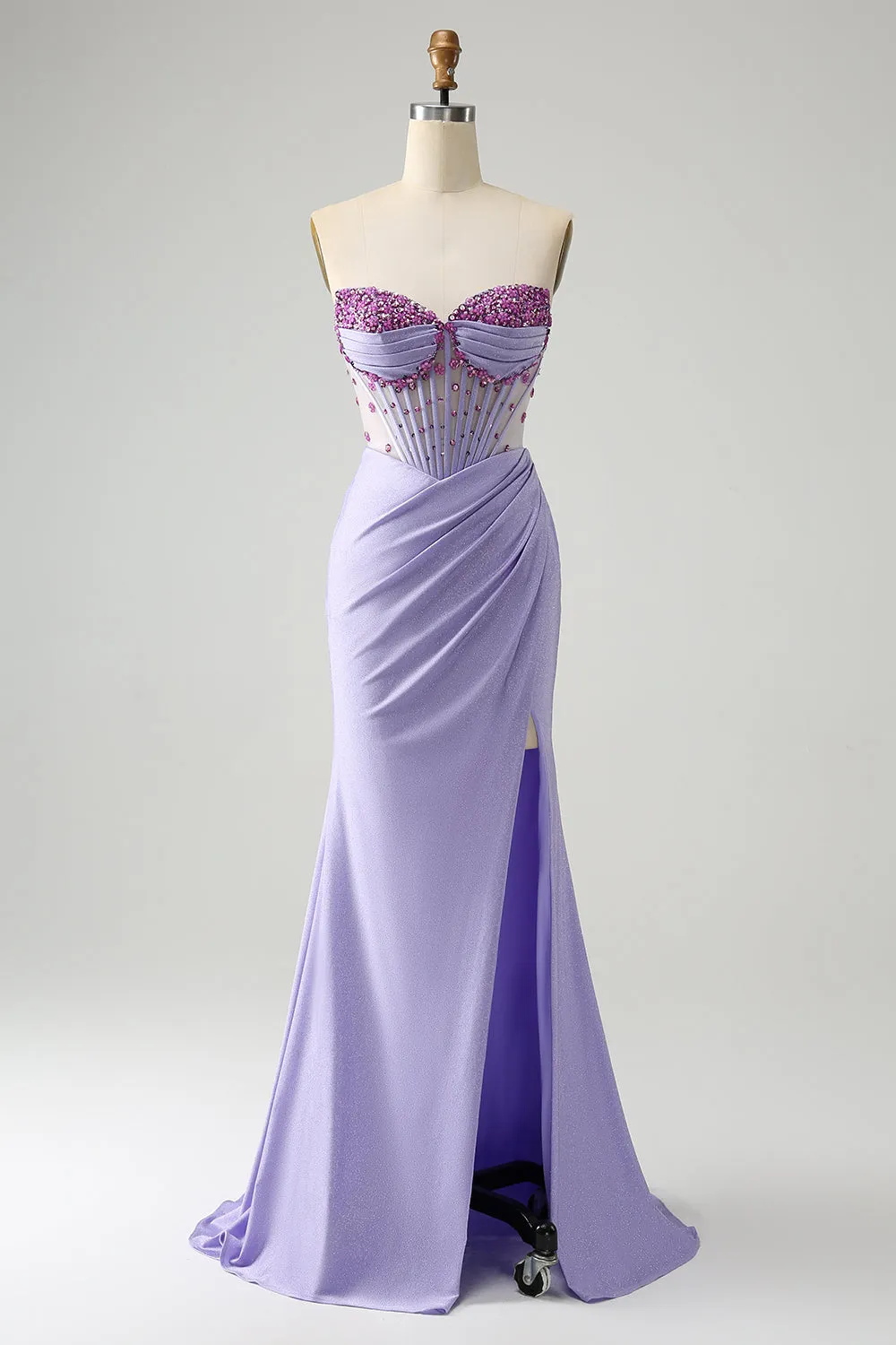 Light Purple Mermaid Strapless Ruched Beaded Corset Prom Dress with Slit sold by Zapaka