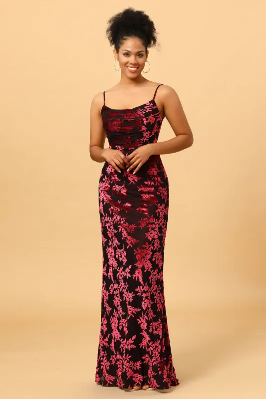 Sheath Spaghetti Straps Burgundy Printed Velvet Long Prom Dress with Silt sold by Zapaka