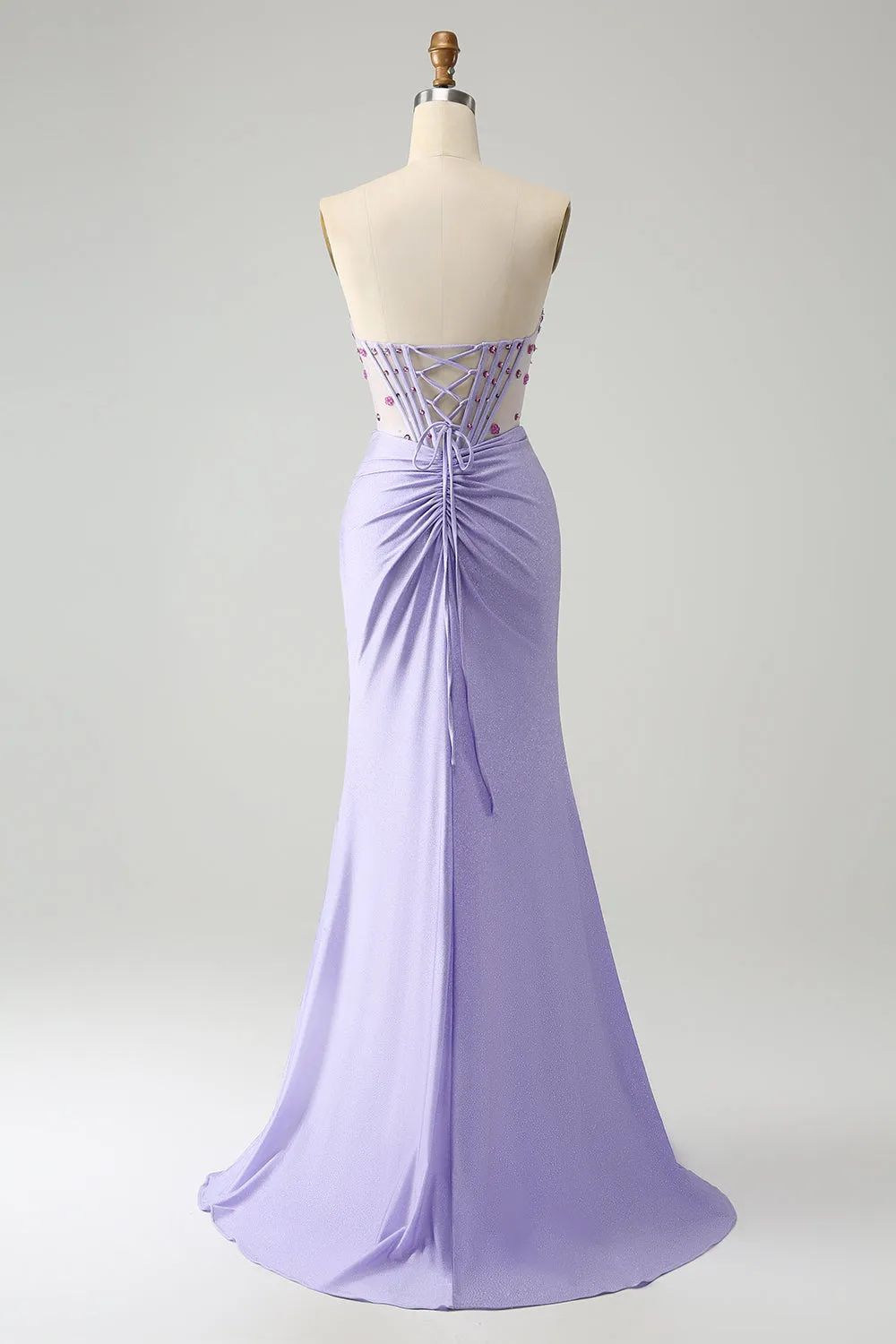 Light Purple Mermaid Strapless Ruched Beaded Corset Prom Dress with Slit sold by Zapaka product image thumbnail 2