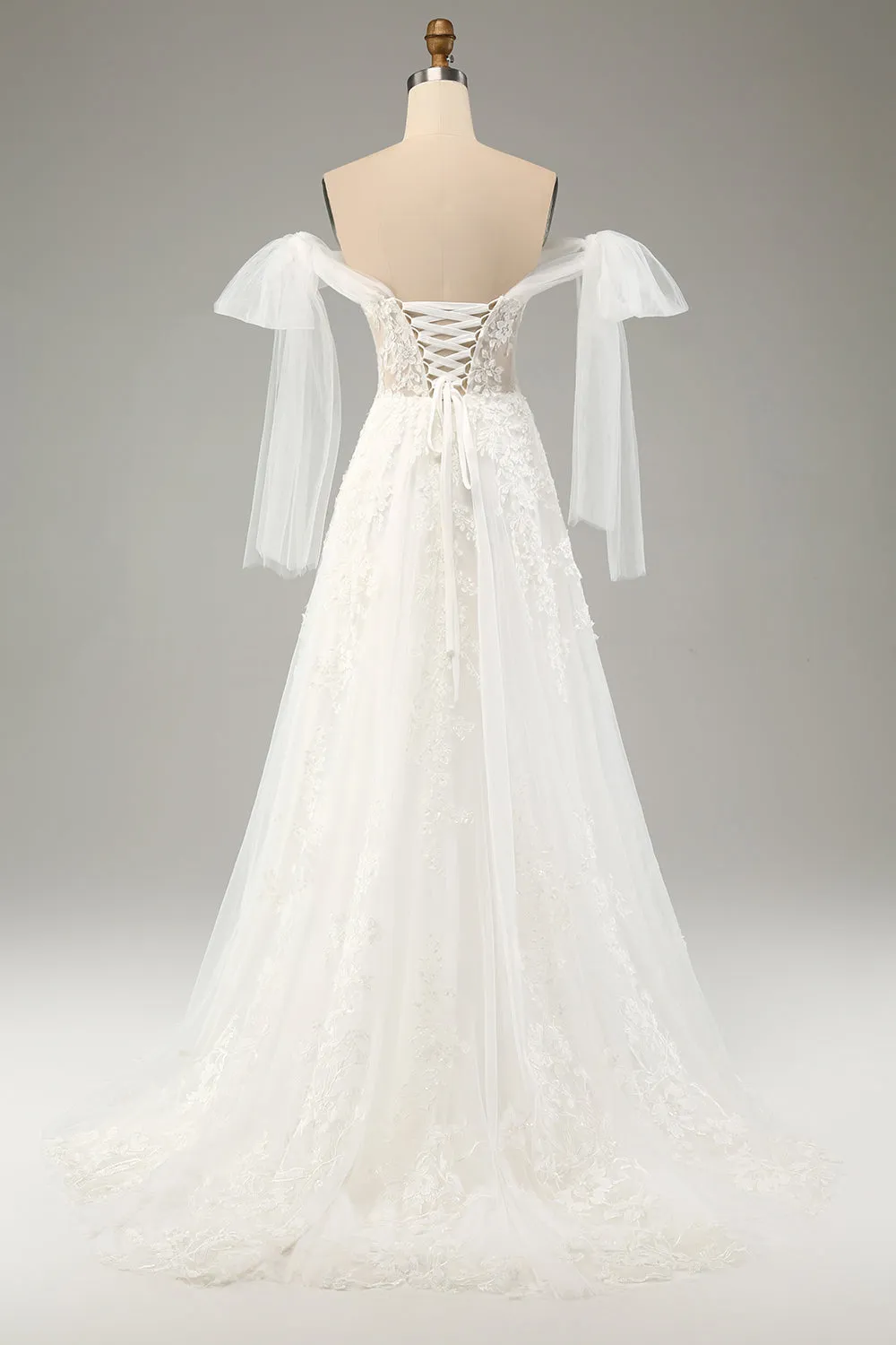Princess White A-Line Lace Up Tulle Corset Wedding Dress with Appliques Lace sold by Zapaka product image thumbnail 2